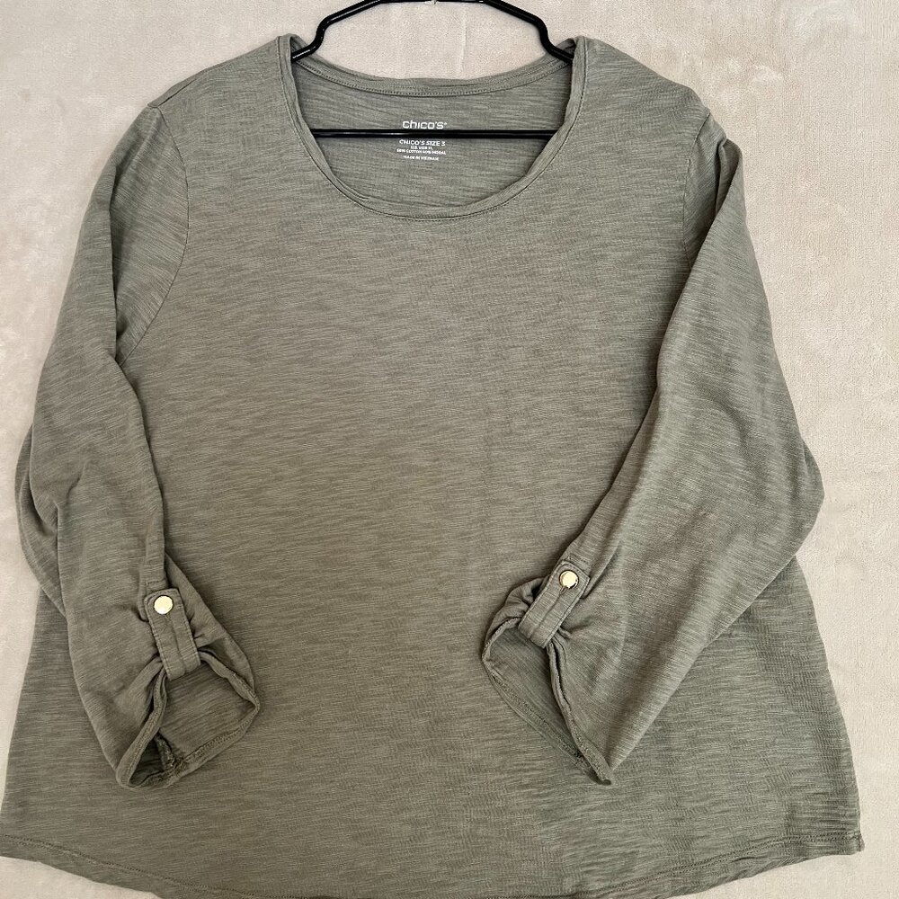 Chico's Size 3 (US XL) Sage Green Round Neck T Shirt Long Sleeve w Roll Tab